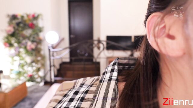 Asian woman in checkered blazer, closeup profile view boyfriend experience