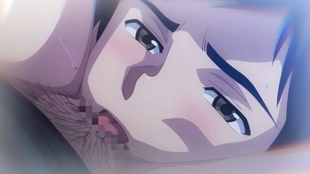 Anime POV closeup of teary-eyed male with flushed face in erotic scene