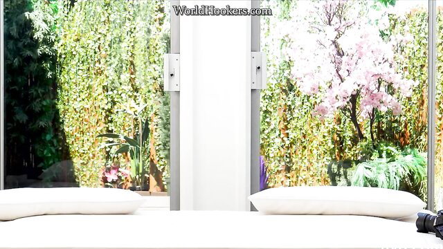 Slim Asian beauty Nika poses nude on bed with garden view