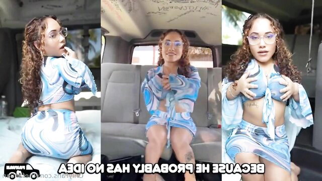 Mixed petite woman in swirly blue bikini flashing tits in van