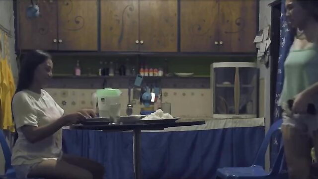 Two Filipina babes in tiny shorts at kitchen table Vivamax