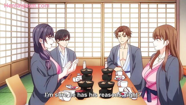 Four Japanese hentai beauties in kimonos at dinner table, teasing vibes