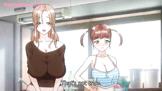 Busty anime milf and twin-tailed loli in bikinis deny in hentai scene