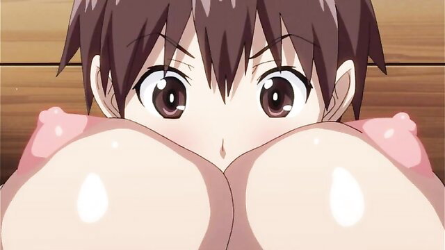 Cute brown-haired hentai girl with huge breasts pressing cleavage close-up