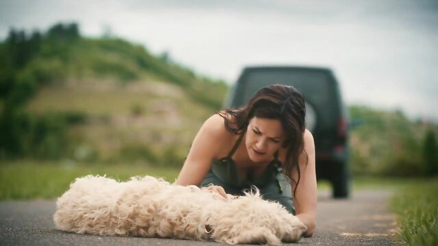 Bettina Zimmermann nude tits with fluffy dog outdoor scene