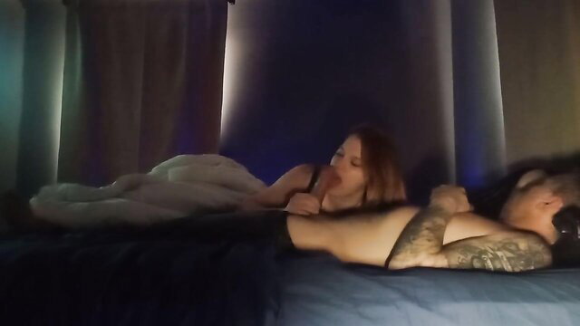 Hot redhead babe in lingerie teases tattooed guy in bed, lesbian fantasy cum