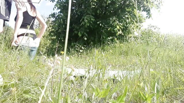 Amateur blonde bending over in thong outdoors, big ass tease