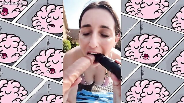 Christina Khalil sucks black dildo topless outdoors poolside