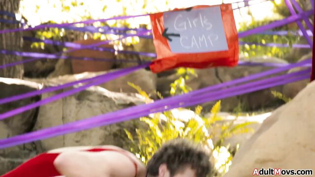 Nude man trapped in ropes at girls camp entrance, dildo tease