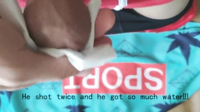 Asian twink in speedo handjob cums twice with massive squirts