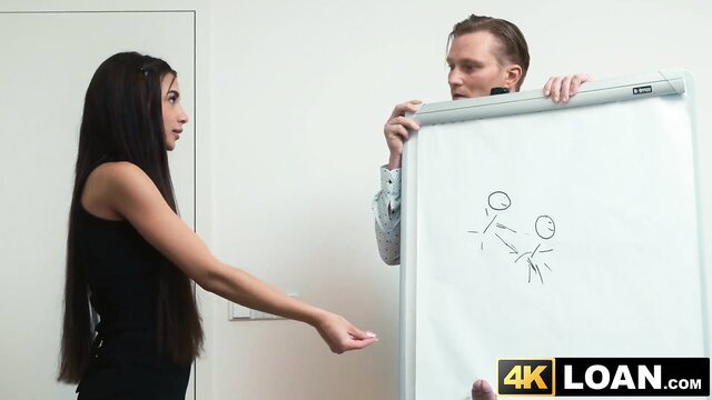 Vanessa Alessia in tight black dress teases office sex with whiteboard drawing