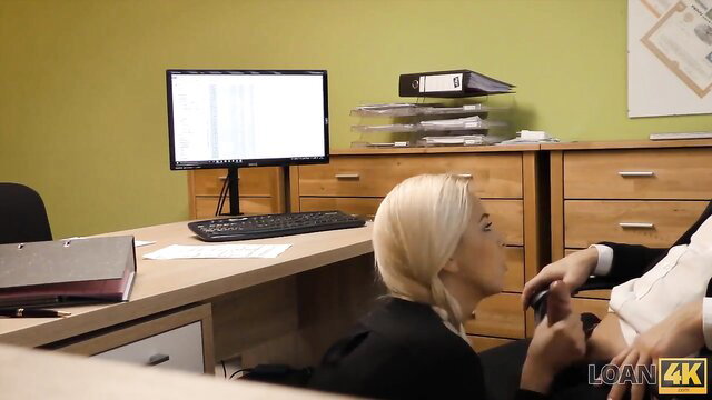 Sexy blonde loan officer fucked on desk for cash in office