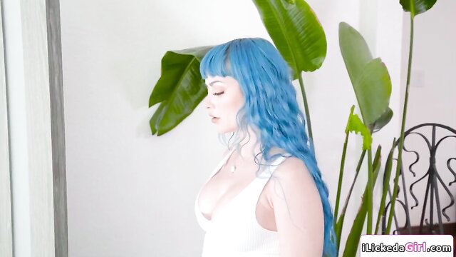 Blue haired Asian babe in tight white dress poses sexy