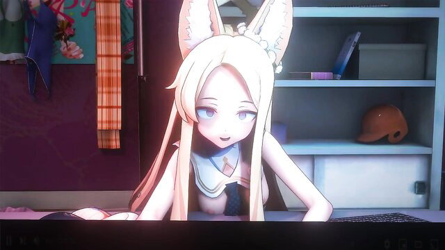Blue Archive Seia horny fox girl at desk in lewd outfit