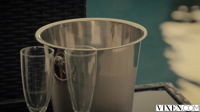 Champagne bucket and glasses by pool - Kirsten Lee adult video thumbnail