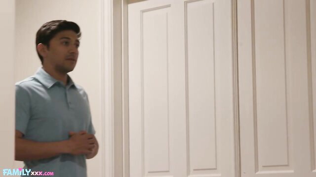 Young Asian guy in polo shirt stands by door in Izy-Bella Max stepmom taboo scene