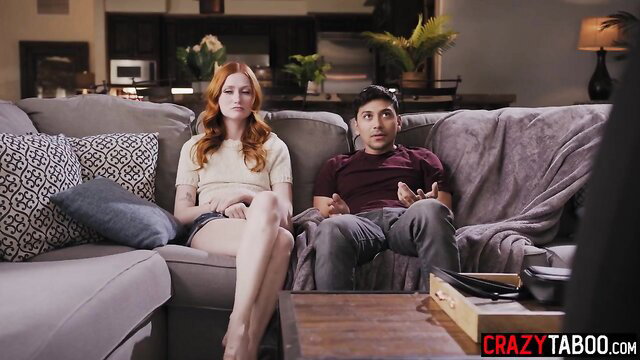 Redhead stepsis and Indian stepbro on couch in taboo fuck preview
