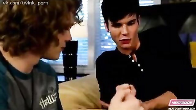 Two horny neighbor boys close-up fingering and teasing on couch