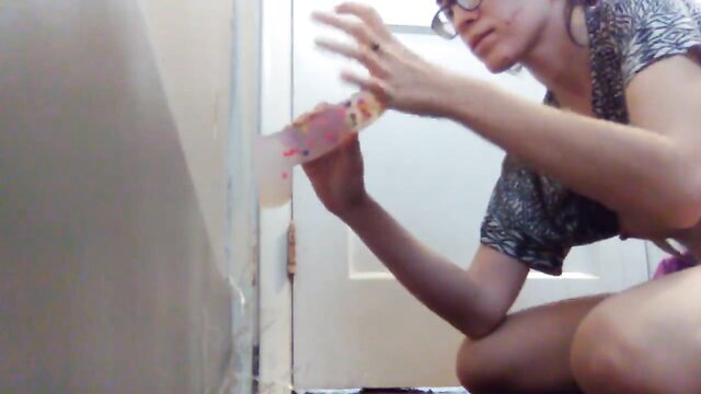 Asian amateur babe squats with pink dildo backshots toy play