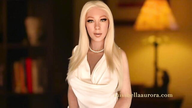 Bella Aurora blonde hypno JOI slave in white draped dress