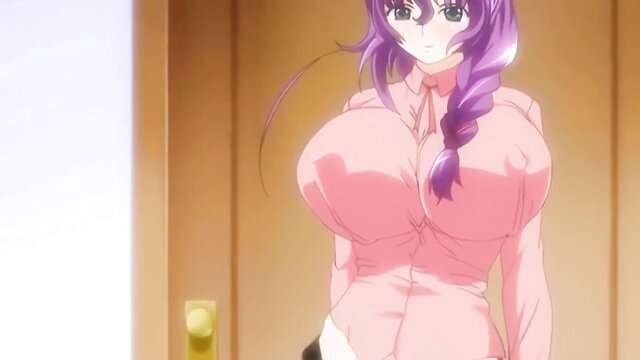 Purple-haired anime busty JAV girl in tight pink blouse, cleavage tease