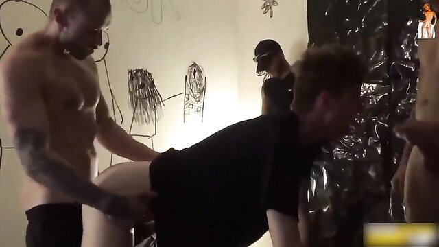 Gay bareback gangbang with muscular tattooed men fucking twink boys