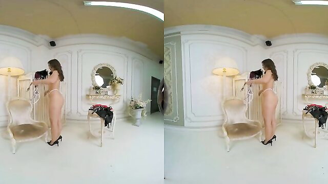 Hot brunette in sheer lingerie try-on haul, erotic pose