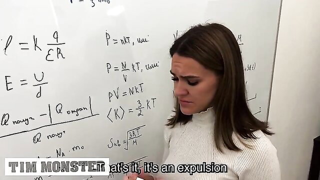 Frustrated brunette teacher in white turtleneck at whiteboard with equations