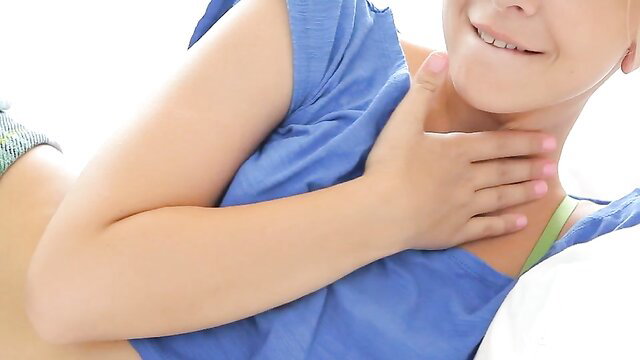 Monroe A blond teen angel in blue tank top grabs neck seductively