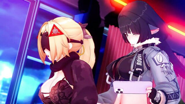 Blonde and black-haired anime girls in sexy lingerie, posing provocatively