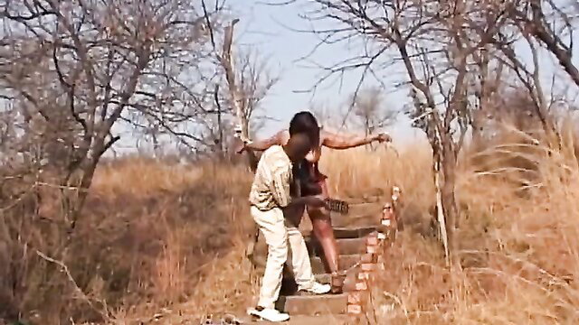 Black wife tied to tree, spanked by husband in outdoors BDSM