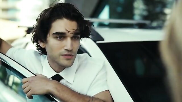 Timothee Chalamet lookalike leaning on car in white shirt tie, sexy celeb scene