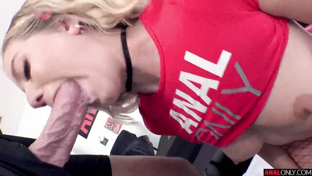 River Lynn gagging on thick cock in red ANAL ONLY top, choker on