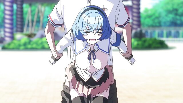 Blue-haired anime schoolgirl in torn skirt lifted by man in Nukitashi hentai