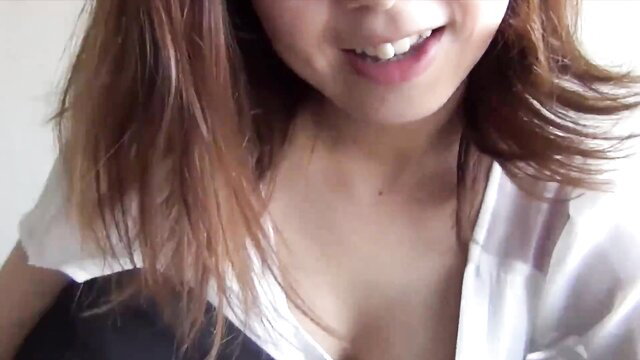 Smiling Asian amateur smiling closeup in unbuttoned shirt, uncensored JAV