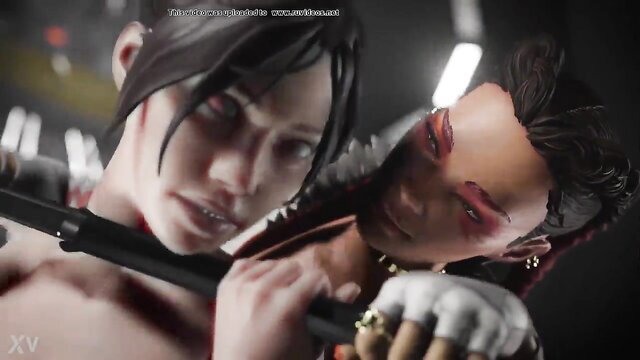 Loba and Wraith futa wild fuck, topless embrace with red eyes and piercings
