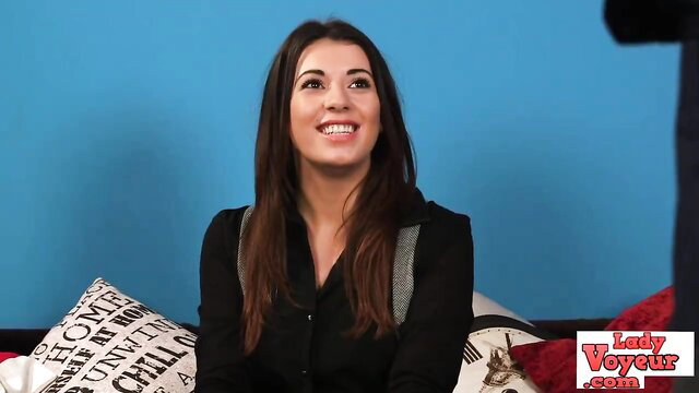 Stunning brunette femdom babe smiling in interview, watch JOI sesh