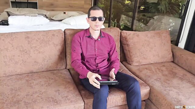 Blind guy sits unaware as intruder eyes his tight petite girlfriend