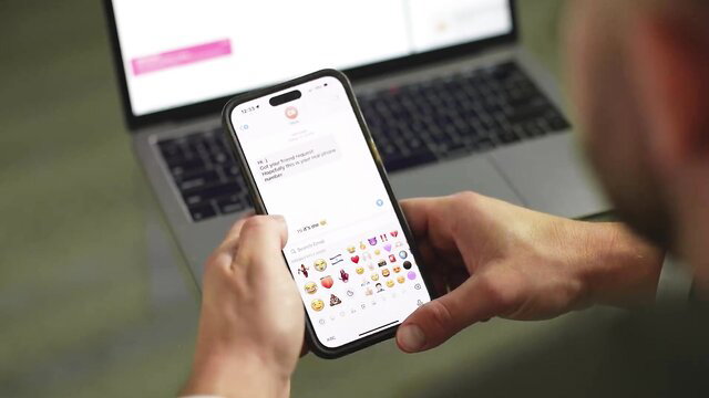 Man texts flirty emojis on iPhone by MacBook, Lexi Luna Seth Gamble porn
