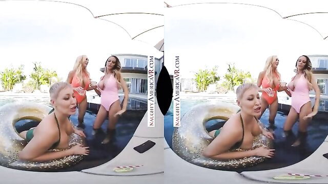 Brandi Love and busty blonde friends in bikinis by pool