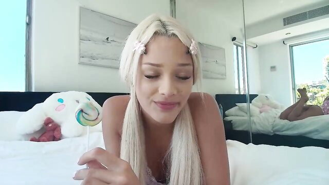 littlelollitaa blonde teen in lingerie sucking lollipop on bed