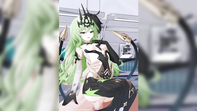Sexy green-haired anime girl in black lingerie with tentacles, seductive pose
