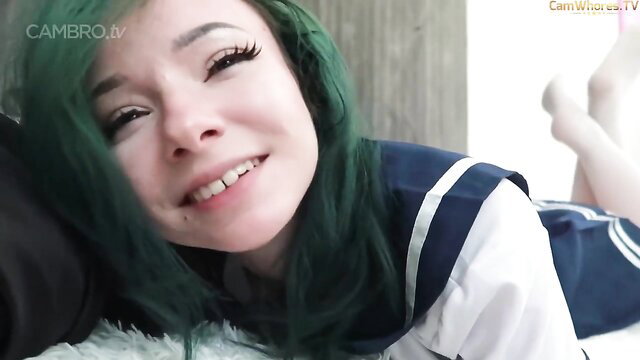 Passion B green-haired Asian in sailor schoolgirl uniform, smiling POV tease