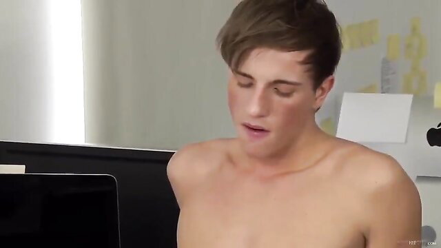 Nude young man shirtless at desk in office work fuck scene