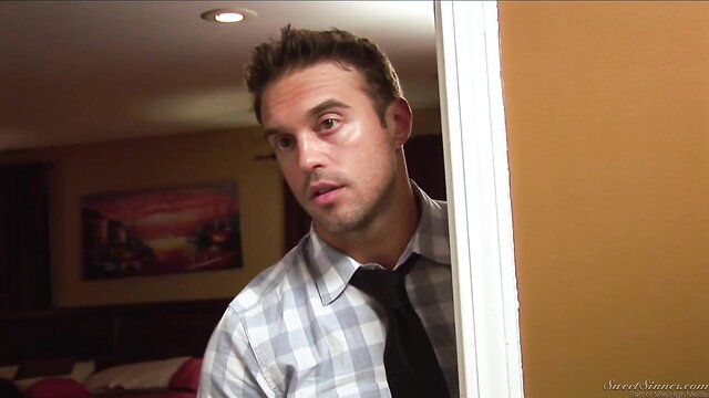 Handsome male caretaker peeking in bedroom door Riley Reid
