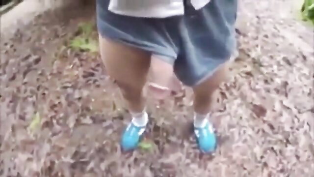 Asian runner guy bulge cumshot in shorts park trail