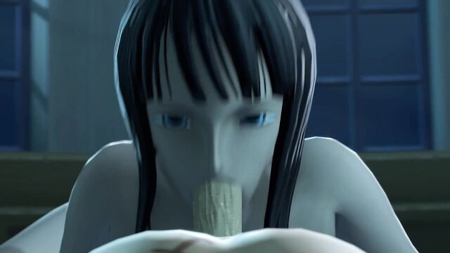 Anime Nico Robin deepthroating cock, blue eyes, black hair, nude hentai blowjob