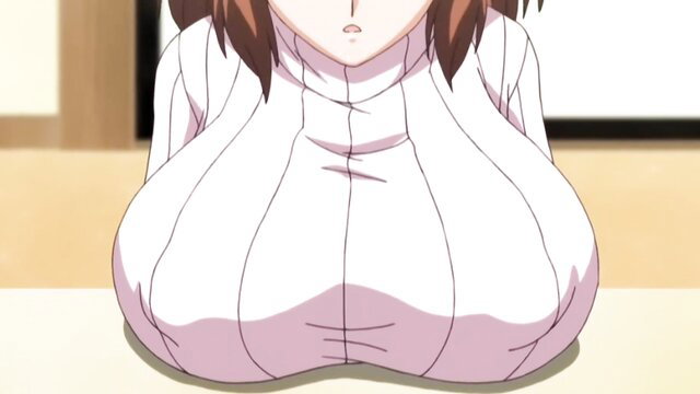 Busty anime girl in tight white turtleneck sweater, huge cleavage tease