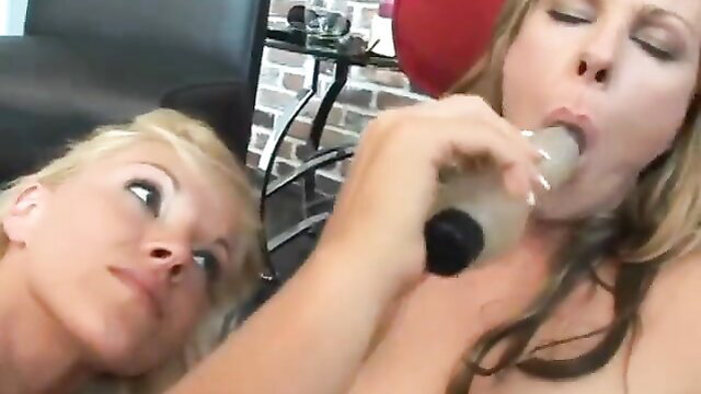 Two busty blondes in lesbian bottle insertion play