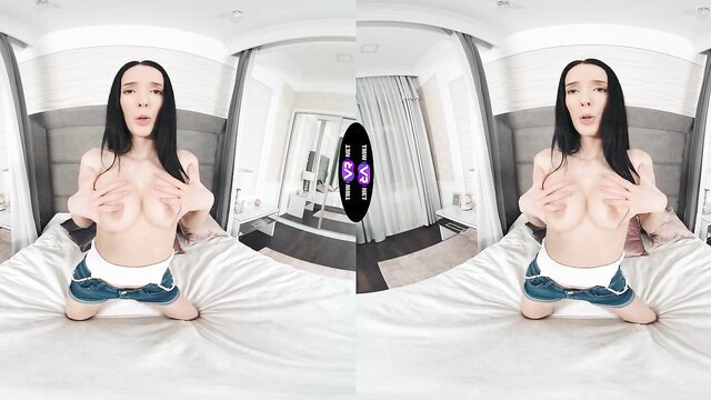 Jasmine Jae topless in VR POV on bed, big tits brunette